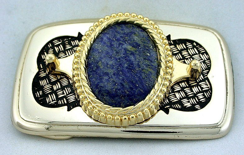 Gold Color Black Weave Natural 40×30 Oval Lapis Cab Cabochon Belt Buckle EPBB91