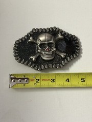 Large Skull And Bones Belt Buckle Silver Chrome Black