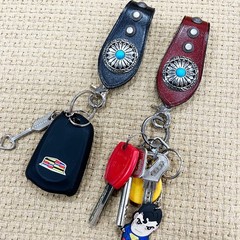 Western Leather Keychain, Turquoise Accent Cowhide Key Ring Clip Car Key Holder