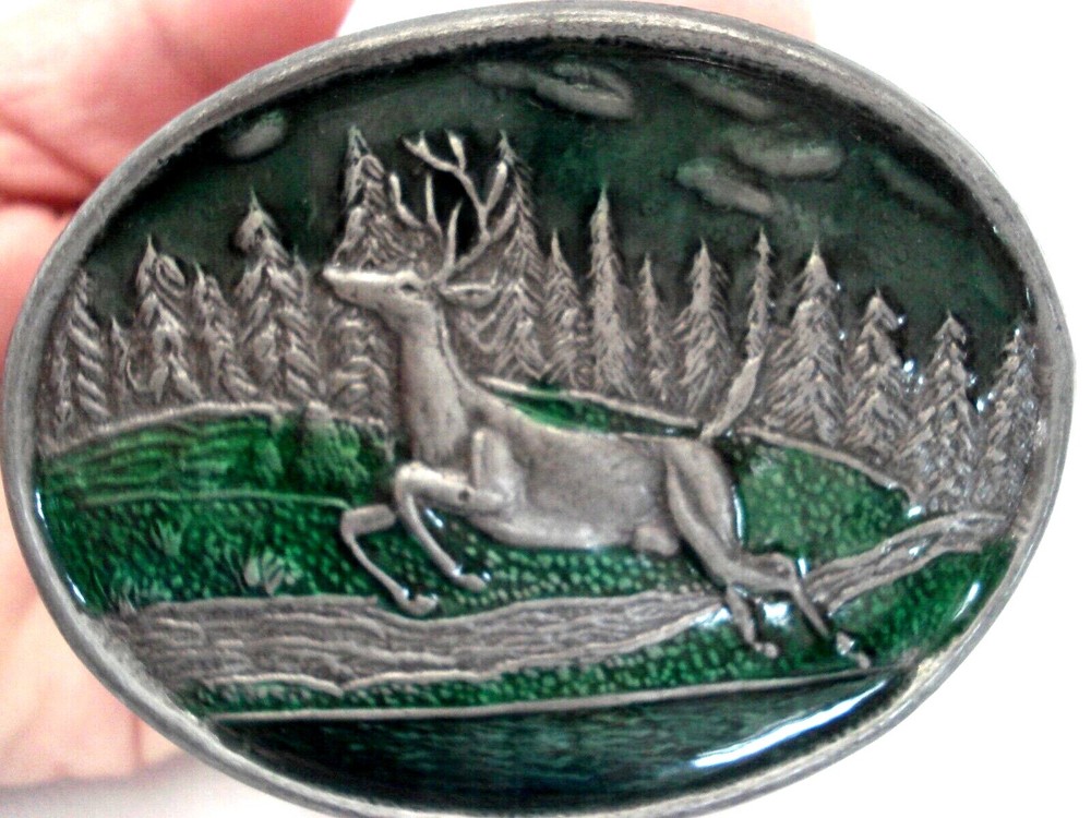 RARE Vintage Bergamot Bronze / Pewter Metal Jumping Deer/Elk Enamel Belt Buckle
