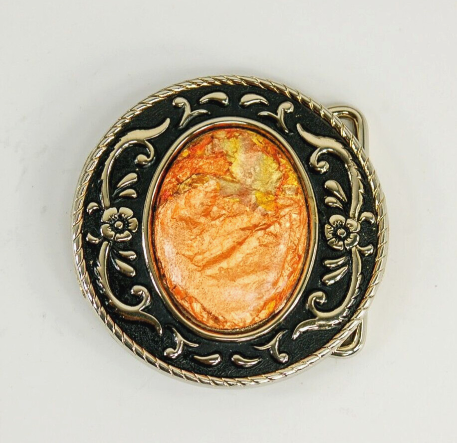 Orange Stone gold tone floral scroll round belt buckle western style
