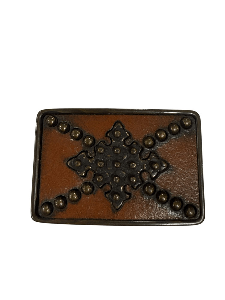 Western Rebel Belt Buckle Studded Cross Leather Inlay Vintage