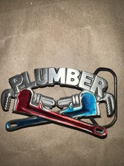 Plumber Metal Belt Buckle Red Blue Antique Finish Vintage Occupational 1967