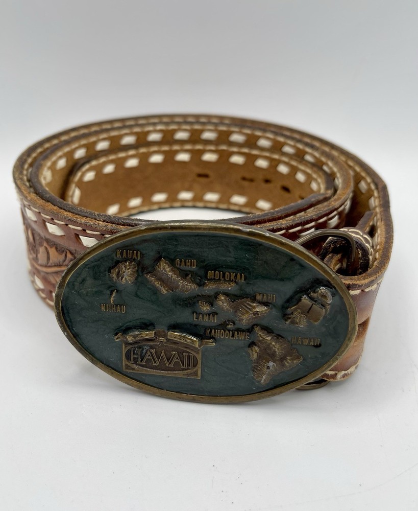 Vtg 1984 Arroyo GrandeBelt Buckle Hawaii Islands w Brown Tru-West Rockmount Belt