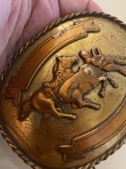 Vintage Western Cowboy Calf Roping Bull Rider Rodeo Nickle Silver Gold Buckle