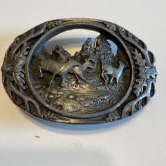 Set of 2 Vintage HEAVY PEWTER DEER SCENE AND ANTLER BELT BUCKLES MADE IN USA