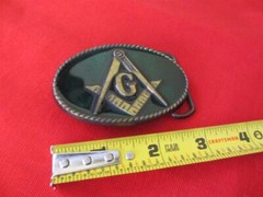 Masonic OVAL buckle green gold/ brass 2&Prime; x 3&Prime; fits aprx 1 5/8&Prime; belt mason symbol