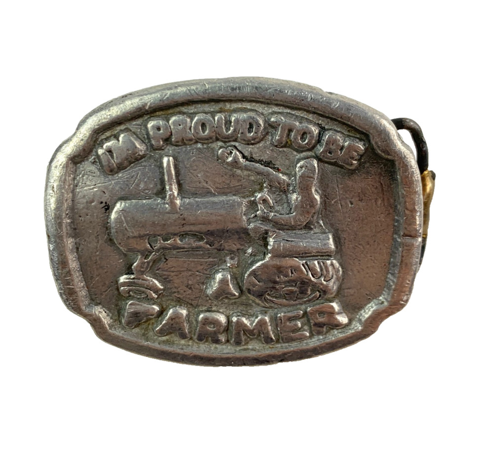 Vintage I&rsquo;m Proud To Be A Farmer Pewter Tractor Hand Cast Metal Belt Buckle