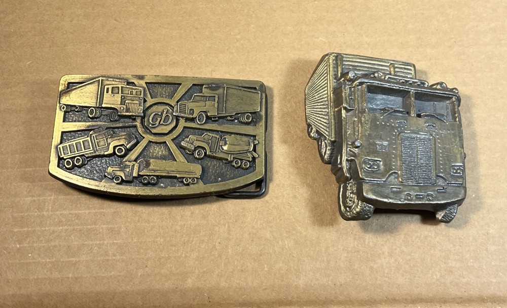 2 Vintage 1970s Belt Buckle TRUCKER semi-truck SOLID BRASS cowboy western driver