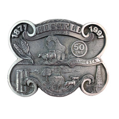 Vintage Dart Russell Kansas 50 Years Prairiesta Western Metal Belt Buckle 19/500