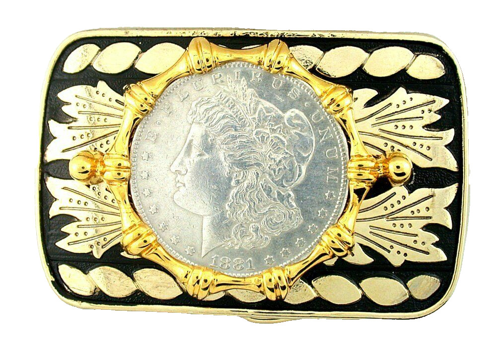 Gold Color Western REAL 1881 Morgan Silver Dollar Belt Buckle EPBB74/12723