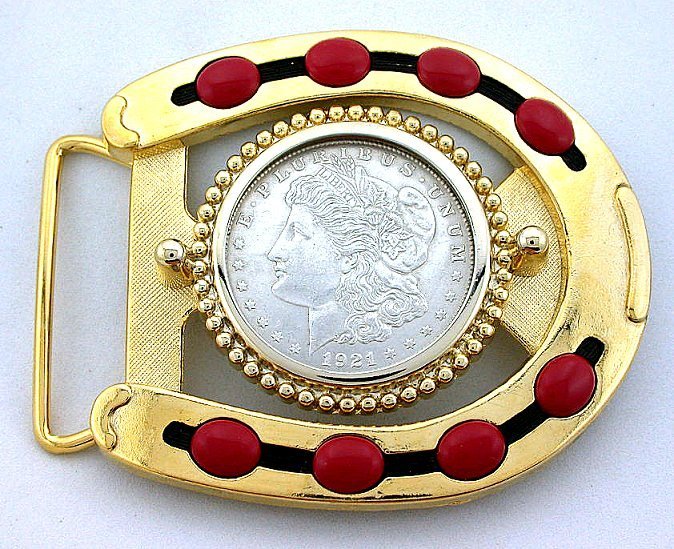 1921 Morgan Dollar Antiqued Red Coral Cabochon Gold Color Horseshoe Belt Buckle
