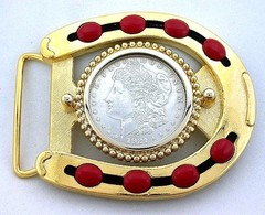1921 Morgan Dollar Antiqued Red Coral Cabochon Gold Color Horseshoe Belt Buckle