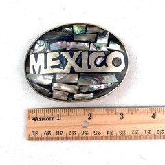 Vintage Mexico Belt Buckle Oval Abalone Shell Inlay Silver-Tone Western