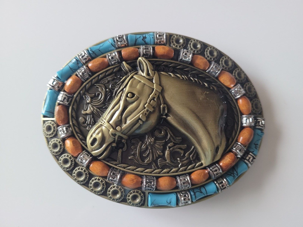 Brass Finish 4&Prime; Buckle Western Belt Buckle W/ Turquoise Stone Big Horse