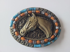 Brass Finish 4&Prime; Buckle Western Belt Buckle W/ Turquoise Stone Big Horse