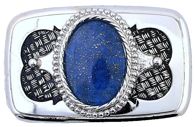 Silver Color Black Weave 40×30 Oval Lapis Cabochon Gem Belt Buckle EPBB123/3523