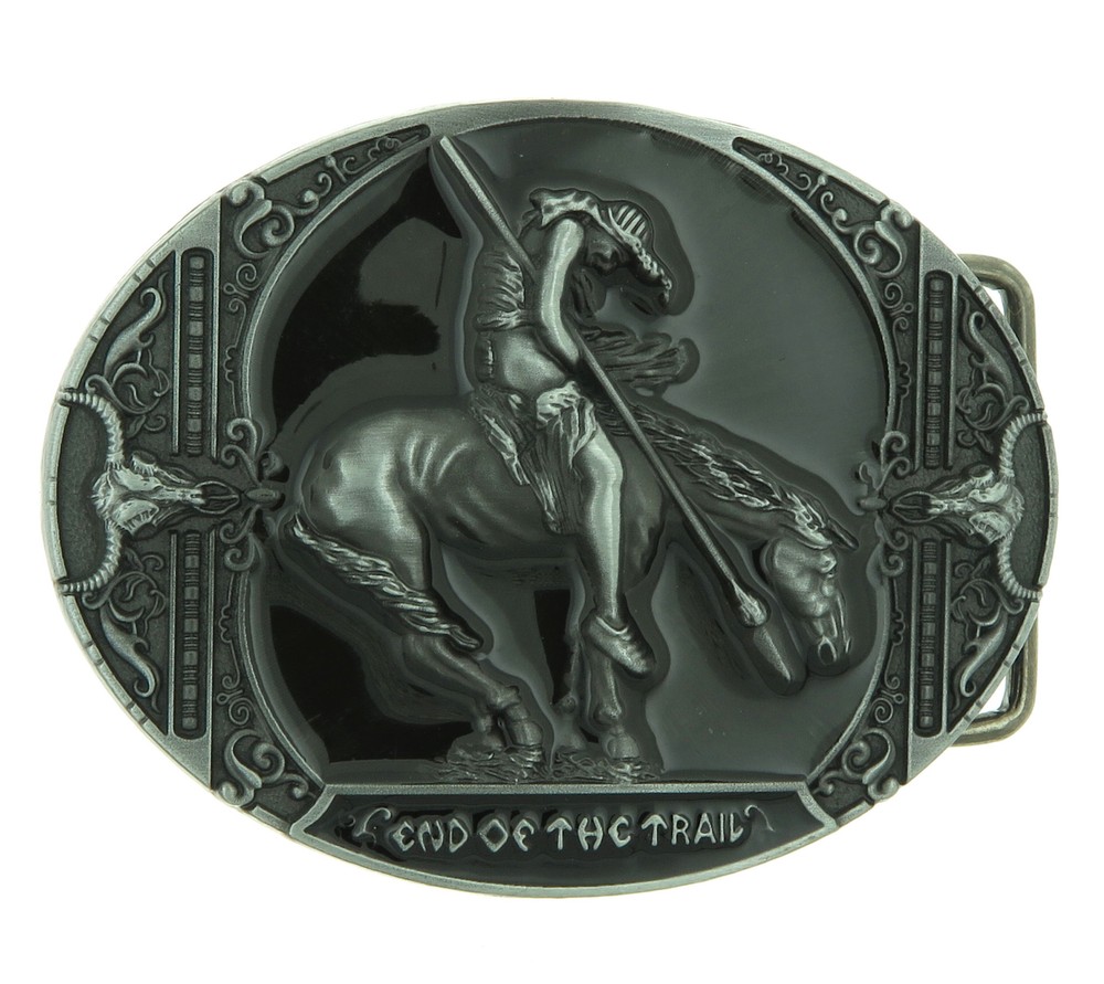 End of Trail American Indian on Horse Western Black Enamel Belt Buckle