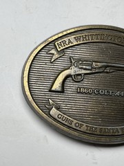 NRA Whittington Center Brass Belt Buckle Santa Fe Trail 1860 Colt 44 Revolver 3”