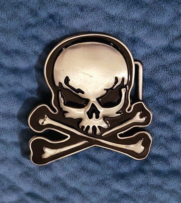 3-D Pirate Skull & Cross Bones Polished Metal Belt Buckle – NEW