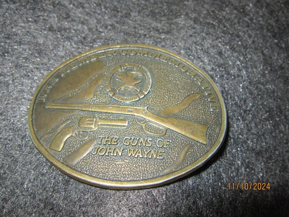 Vintage Brass Belt Buckle NRA MEMBER COMMEMORATIVE The Guns of John Wayne