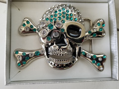 Skull & Crossbones Silver Heavy Metal Belt Buckle with Aqua & White Rhinestones