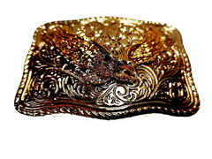 EAGLE Belt BUCKLE Gold on Silver Rectangular Metal w Rope Edge Western/Biker/USA