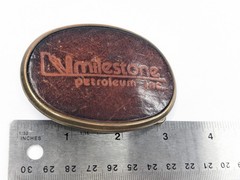 Milestone Petroleum Inc. Belt Buckle Brass Leather Inlay Vintage Oil Company