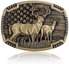 Metal Belt Buckle 4&Prime;x3&Prime; Deer Hunter Western USA Flag Background for 1.5&Prime; belt