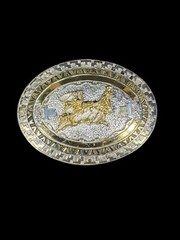 Vintage Crumrine Western Rodeo Team Roping Oval Belt Buckle Heavy Silver Bronze