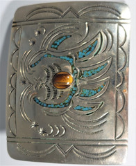Navajo CK belt buckle bear claw stamped turq inlay cat&rsquo;s eye cab 3&Prime; by 2 1/4&Prime;