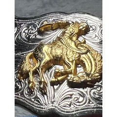 Western Rodeo Belt Buckle Bucking Bronco Rider Silver Gold Tone Cowboy 3in