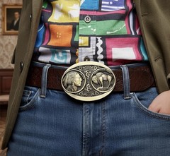 Men Antique Gold Metal Fashion Belt Buckle Big Native Buffalo Bull 5 Cents Coin