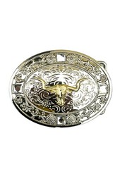 Western Longhorn Buckle Men Unisex Clear Rhinestone Oval Silver Zinc Fit 2 »