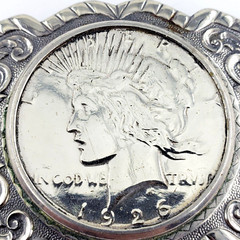 NICKEL SILVER BELL Vintage 1926 Morgan Dollar Coin Ornate Belt Buckle 3.25×1.25&Prime;