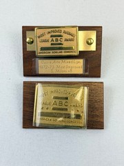 2 VINTAGE ABC AMERICAN BOWLING CONGRESS MOST IMPROVED AVERAGE BRASS BELT BUCKLE
