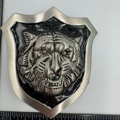 Tiger Head Shield Belt Buckle Silver Tone Black Enamel 3D Relief Mens