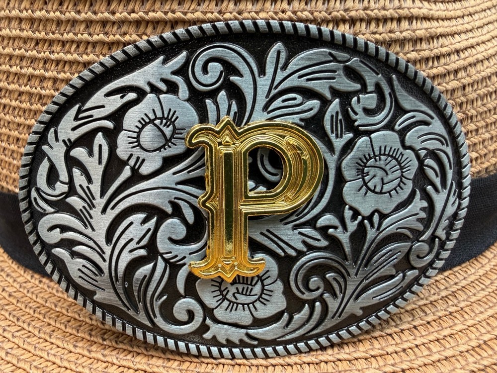 Antiqued Silver Gold Initial P Oval Western Cowboy Floral Vine Belt Buckle