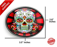 Day of the Dead Belt Buckle – Sugar Skull Rays Handmade Silver Buckle – 61