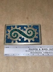made in MEXICO vintage BELT BUCKLE turquoise SILVER gold 3×1.75” aztec inca