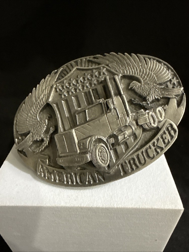 Vintage American Trucker 1998 Pewter Belt Buckle Siskiyou Semi Truck Eagle USA