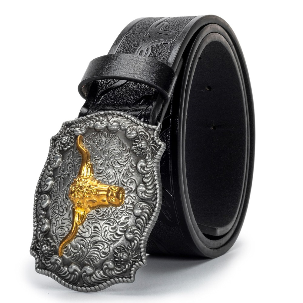 Eohak Western-Cowboy-Belts for Men Women Floral-Engraved-Belt Medium, Black