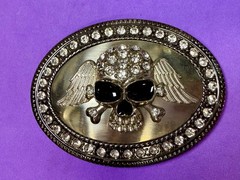 Skull Wings Crossbones with Clear Rhinestone Halloween Gothic LARGE Belt Buckle