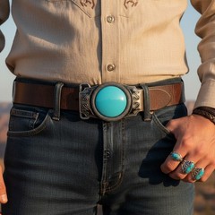 Men Western Fashion Belt Buckle Silver Metal Turquoise Blue Bead Cowboys Casual