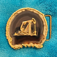 Vintage Agate Slice Oil Derrick pump Belt Buckle Gold Tone