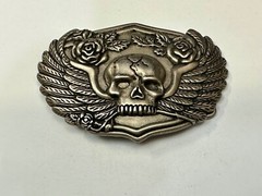 Dimensional Skull Head With Wings And Flowers – Raised Belt Buckle