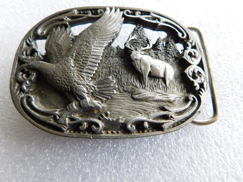 Nice 1990 C & J Inc. Eagle & Buck Wilderness Belt Buckle #1518