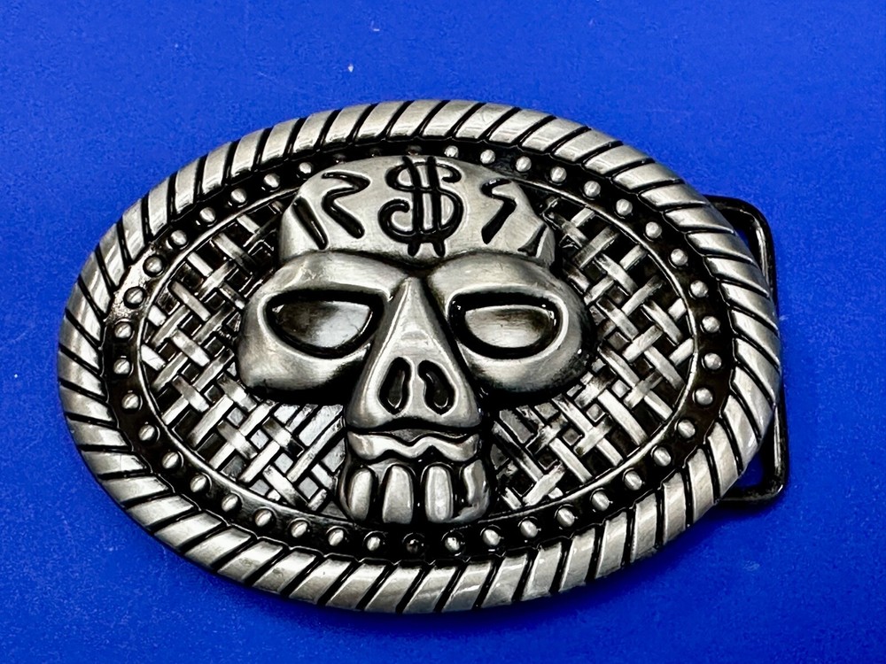 Skull With $ Dollar Sign Halloween Black & Silver Color Gothic Vibe Belt Buckle