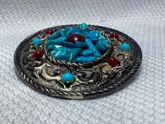 VTG Turquoise Belt Buckle Red Color Stones South Western Country Style Oval