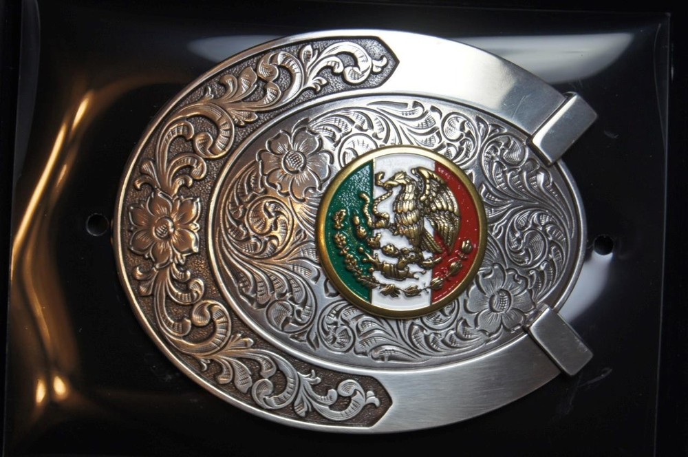Ariat Western Belt Buckle Logo Mexican Flag Horseshoe Silver tone A37021